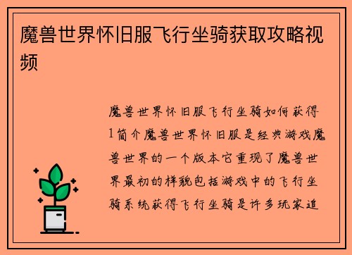 魔兽世界怀旧服飞行坐骑获取攻略视频